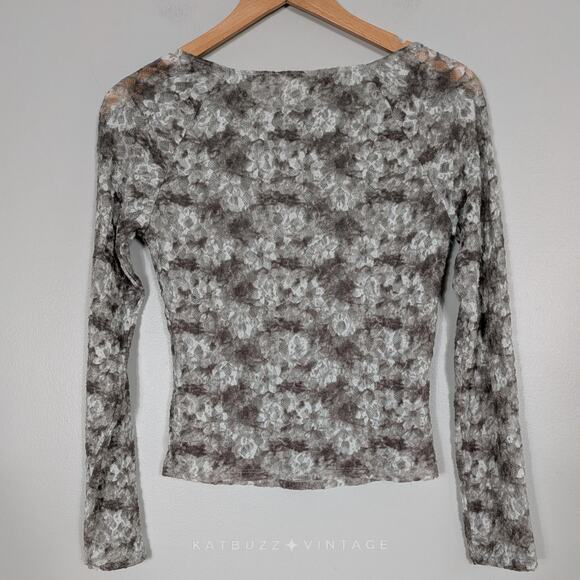 Y2K Lace Long Sleeve Top S Green Brown Fairy Grunge Stretch Dye Indie Lace Scoop - Picture 2 of 10